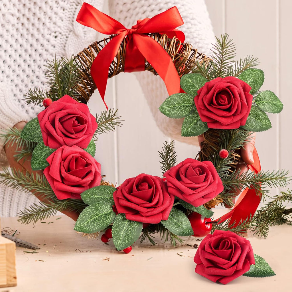 50 Pcs Artificial Flowers Red Roses Bulk, Real Looking Fake Foam Roses with Stems DIY Wedding Bouquet Floral Arrangement Bridal Shower Centerpieces Valentines Day Party Home Table Decorations