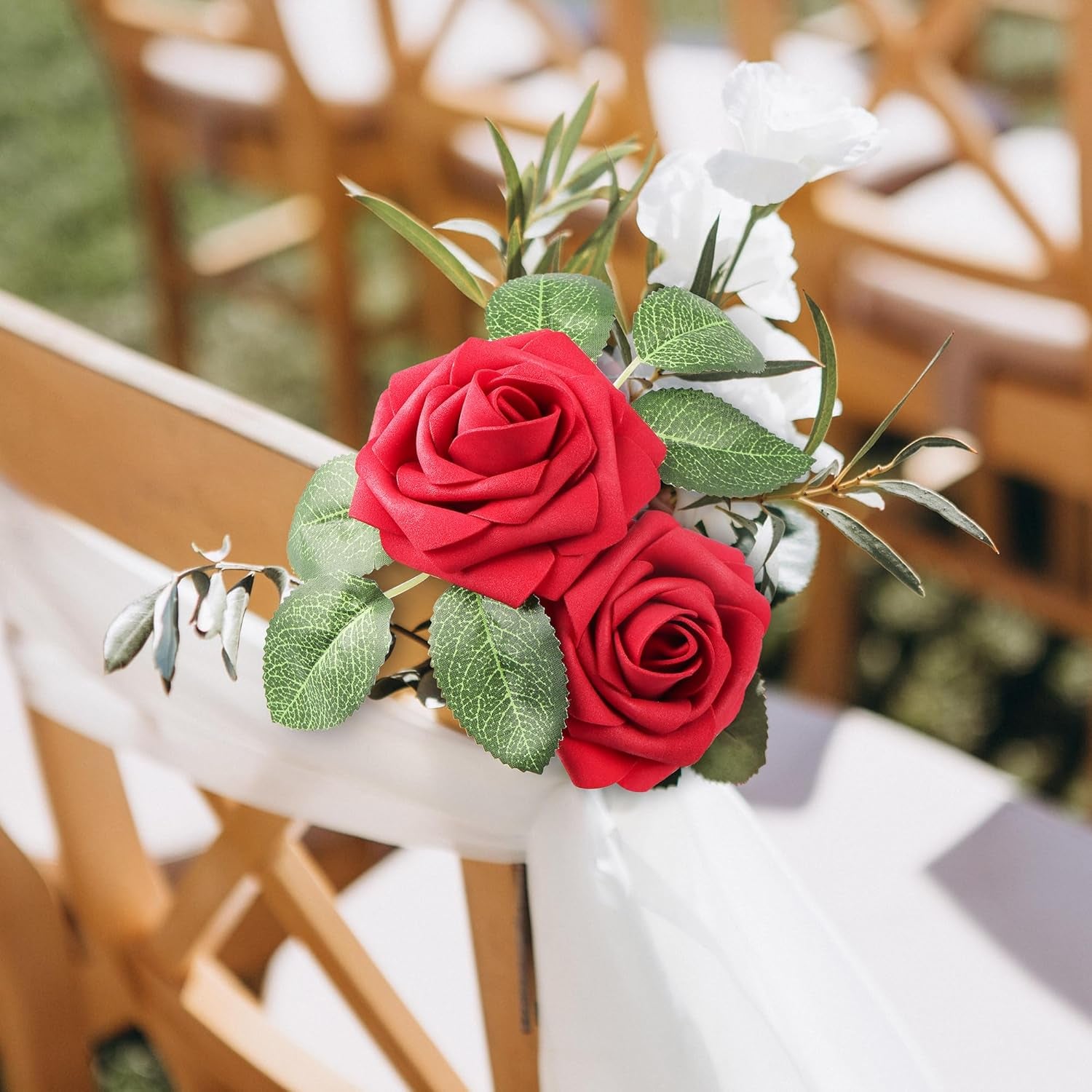 50 Pcs Artificial Flowers Red Roses Bulk, Real Looking Fake Foam Roses with Stems DIY Wedding Bouquet Floral Arrangement Bridal Shower Centerpieces Valentines Day Party Home Table Decorations