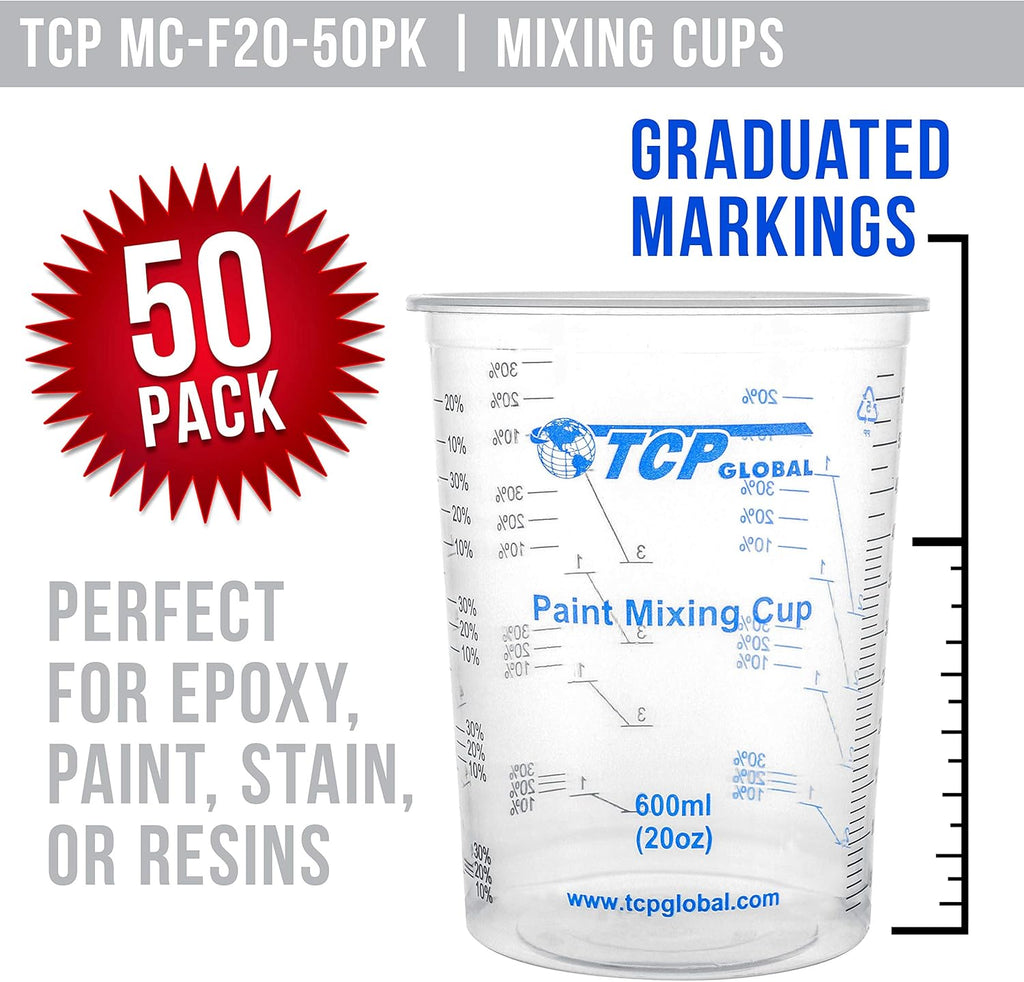 20 Ounce (600Ml) Disposable Flexible Clear Graduated Plastic Mixing Cups - Box of 50 Cups & 50 Mixing Sticks - Use for Paint, Resin, Epoxy, Art, Kitchen - Measuring Ratios 2-1, 3-1, 4-1, ML