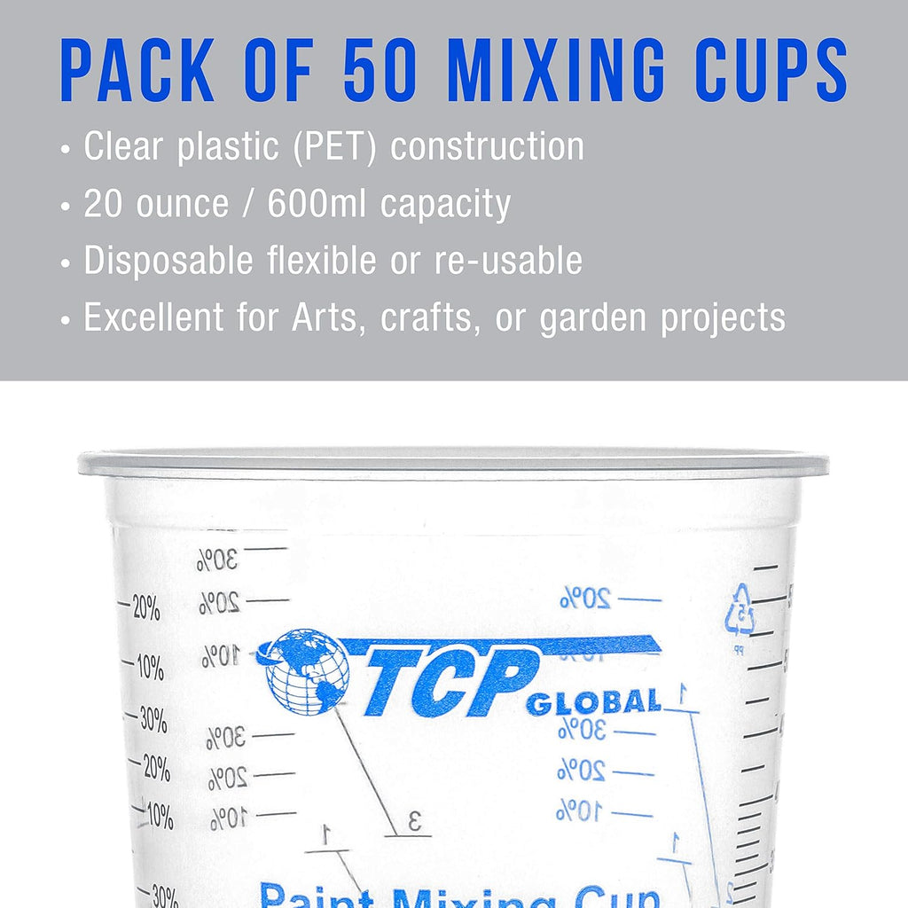 20 Ounce (600Ml) Disposable Flexible Clear Graduated Plastic Mixing Cups - Box of 50 Cups & 50 Mixing Sticks - Use for Paint, Resin, Epoxy, Art, Kitchen - Measuring Ratios 2-1, 3-1, 4-1, ML