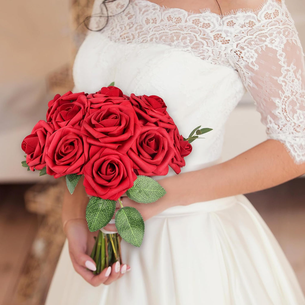 50 Pcs Artificial Flowers Red Roses Bulk, Real Looking Fake Foam Roses with Stems DIY Wedding Bouquet Floral Arrangement Bridal Shower Centerpieces Valentines Day Party Home Table Decorations