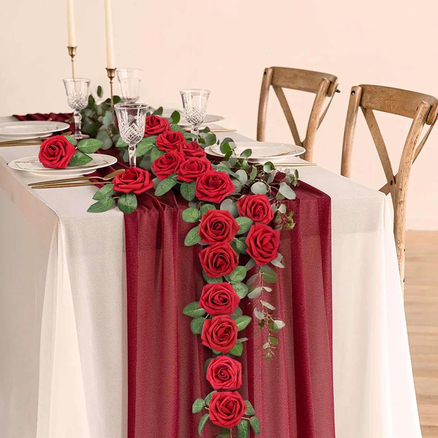50 Pcs Artificial Flowers Red Roses Bulk, Real Looking Fake Foam Roses with Stems DIY Wedding Bouquet Floral Arrangement Bridal Shower Centerpieces Valentines Day Party Home Table Decorations
